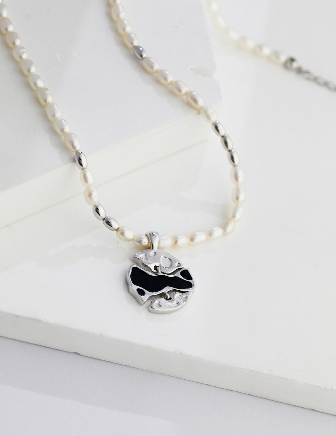 Silver Pearl Enamel Necklace